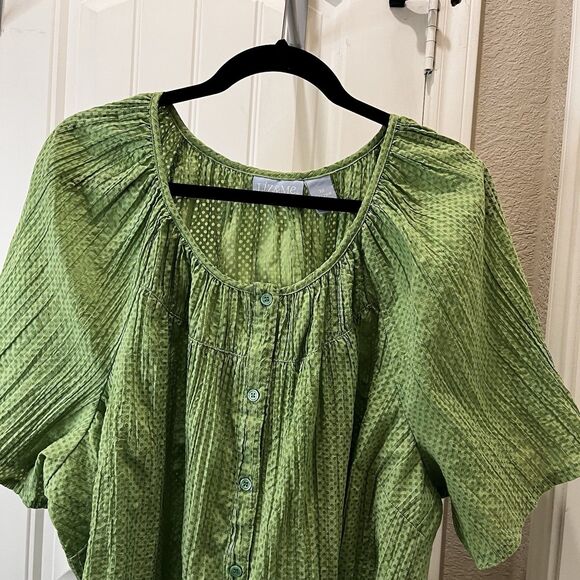 Liz & Me Green Pintucked Pleated Button Up Short Sleeve Top Blouse Women Size 3X - Picture 2 of 10